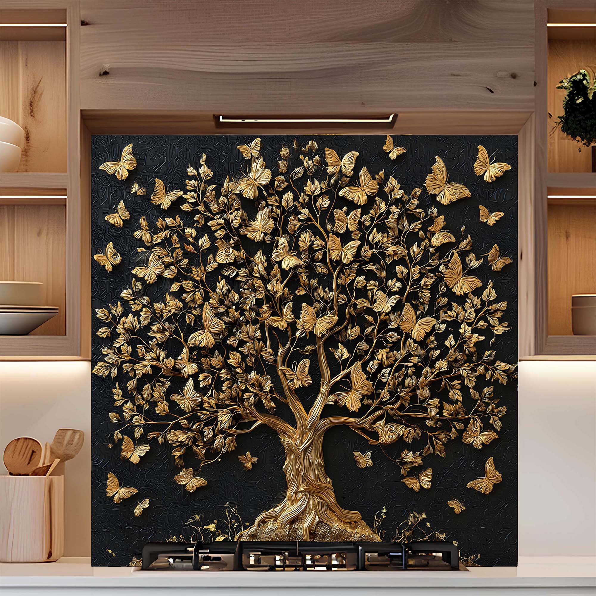 Custom Kitchen Backsplash – Golden Whisper Tempered Glass Stove Backsplash