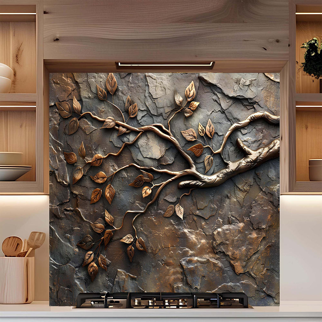 Custom Kitchen Backsplash – Bronze Branches Tempered Glass Stove Backsplash