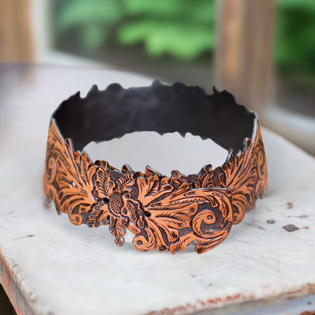 Hand-Tooled Leather Belt “Lauren” – Western Cowgirl Belt, Floral Design, Multiple Colors