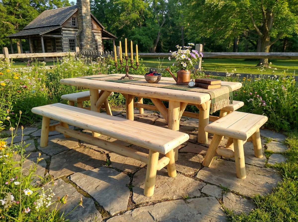 Mesa de picnic rústica de exterior hecha a mano