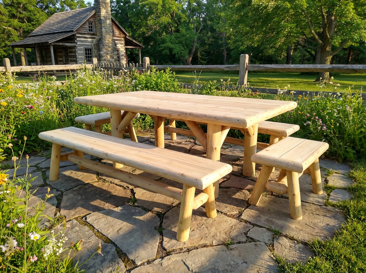 Mesa de picnic rústica de exterior hecha a mano