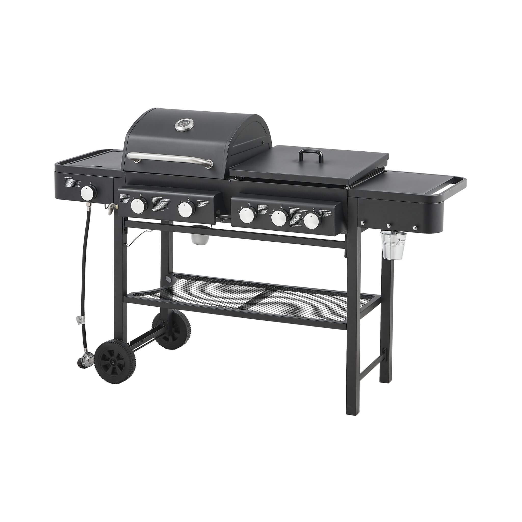 Parrilla de gas propano líquido para exteriores Castelle Flame de 5 quemadores y 56 000 BTU de servicio pesado todo en uno (SAK57124)