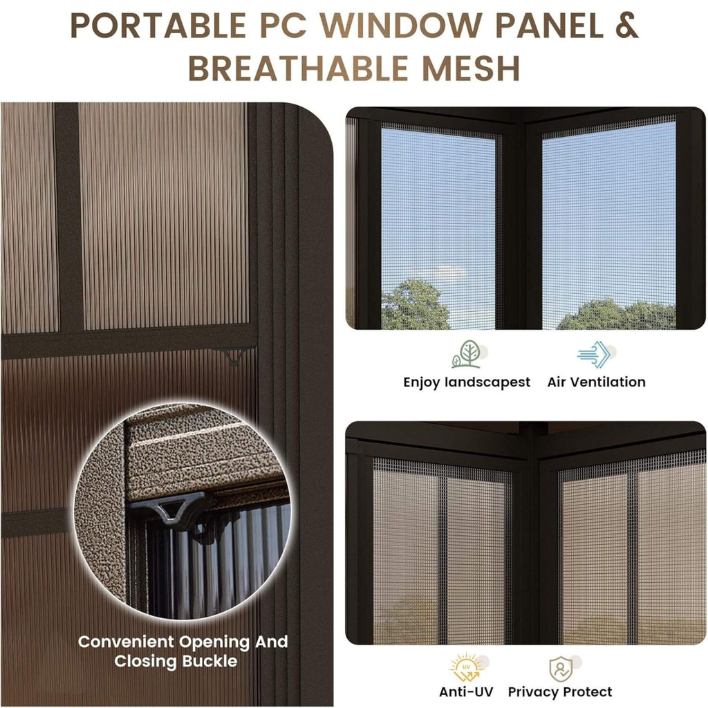 Solárium de exterior Alora Edge de alta resistencia con estructura de aluminio, techo de policarbonato y paneles ajustables (SAK68513)