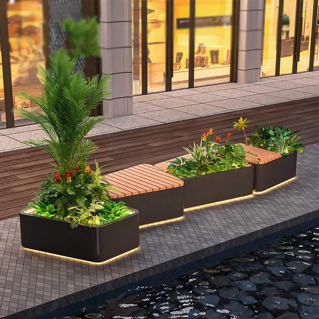 Banco Comercial de Acero Inoxidable de Uso Pesado para Exteriores con Asiento de Madera y Jardinera [Hecho a Pedido] (SAK41578)