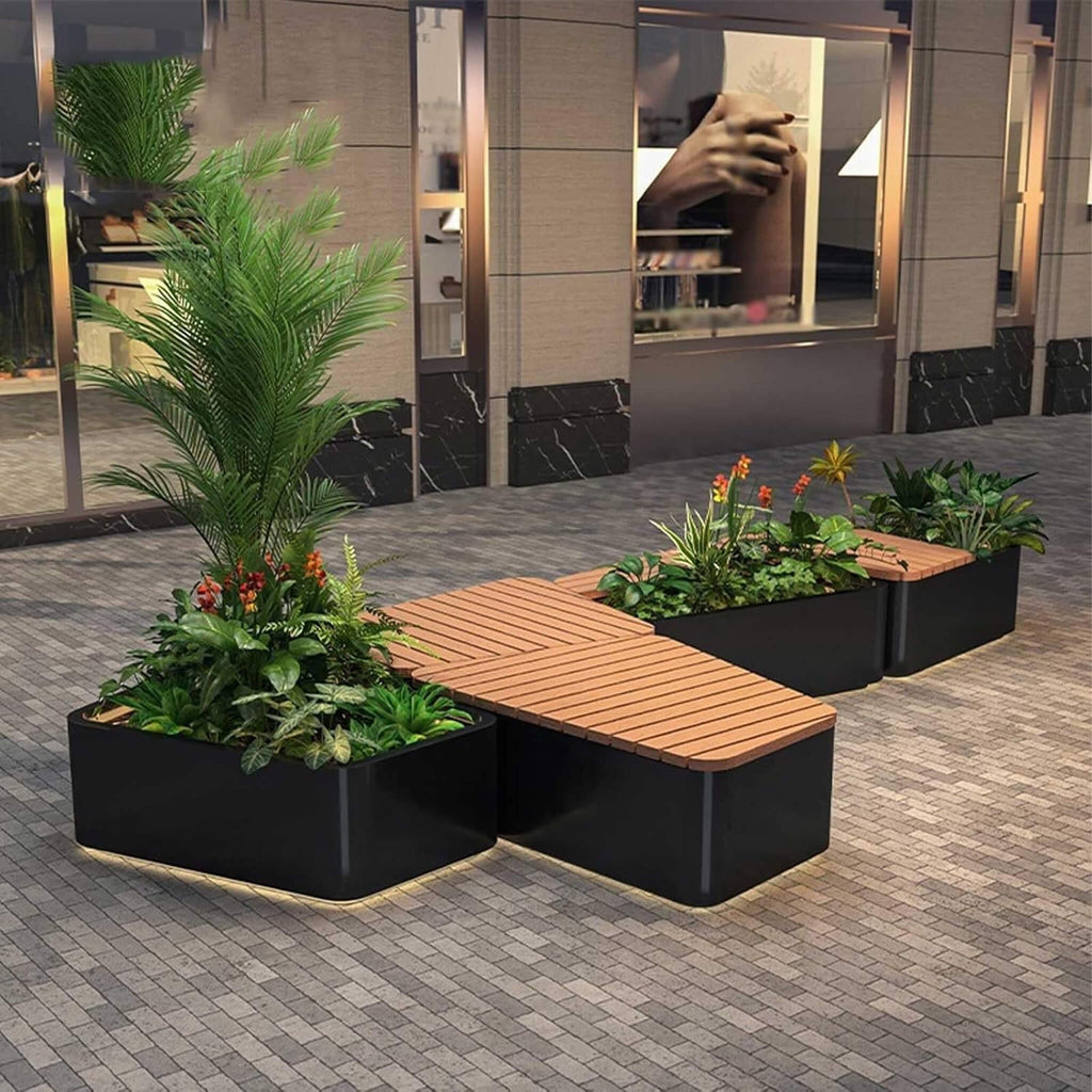 Banco Comercial de Acero Inoxidable de Uso Pesado para Exteriores con Asiento de Madera y Jardinera [Hecho a Pedido] (SAK41578)