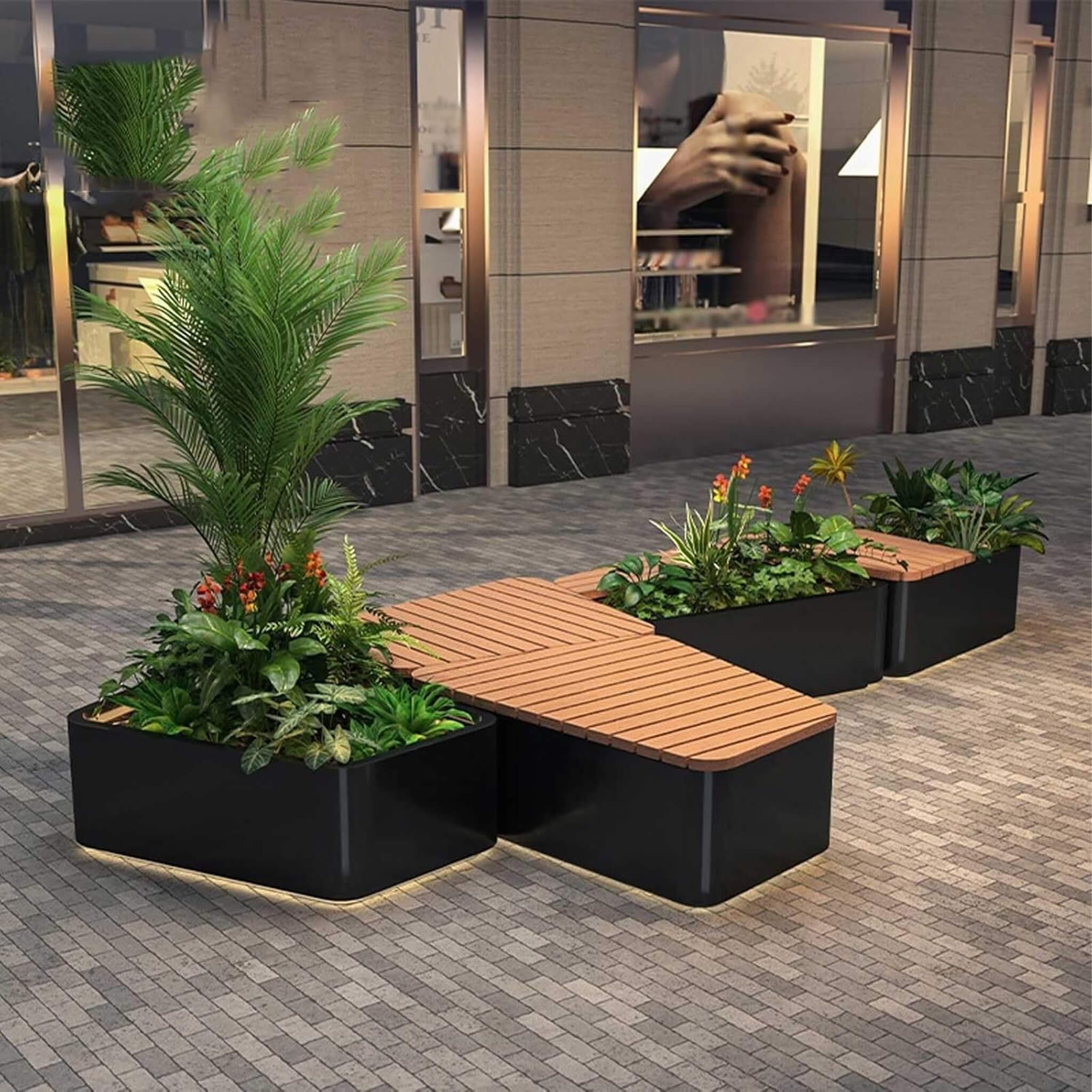 Banco Comercial de Acero Inoxidable de Uso Pesado para Exteriores con Asiento de Madera y Jardinera [Hecho a Pedido] (SAK41578)