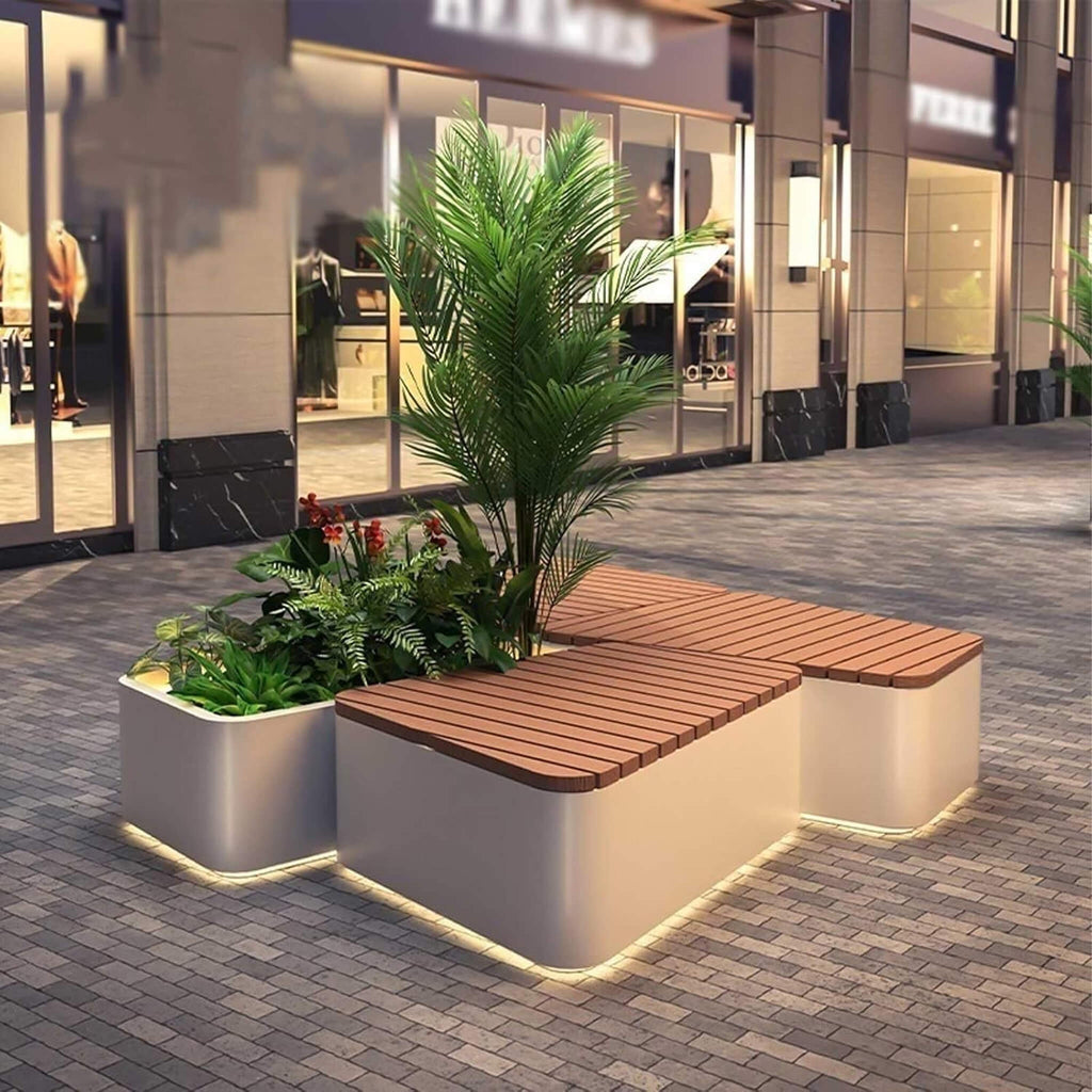 Banco Comercial de Acero Inoxidable de Uso Pesado para Exteriores con Asiento de Madera y Jardinera [Hecho a Pedido] (SAK41578)