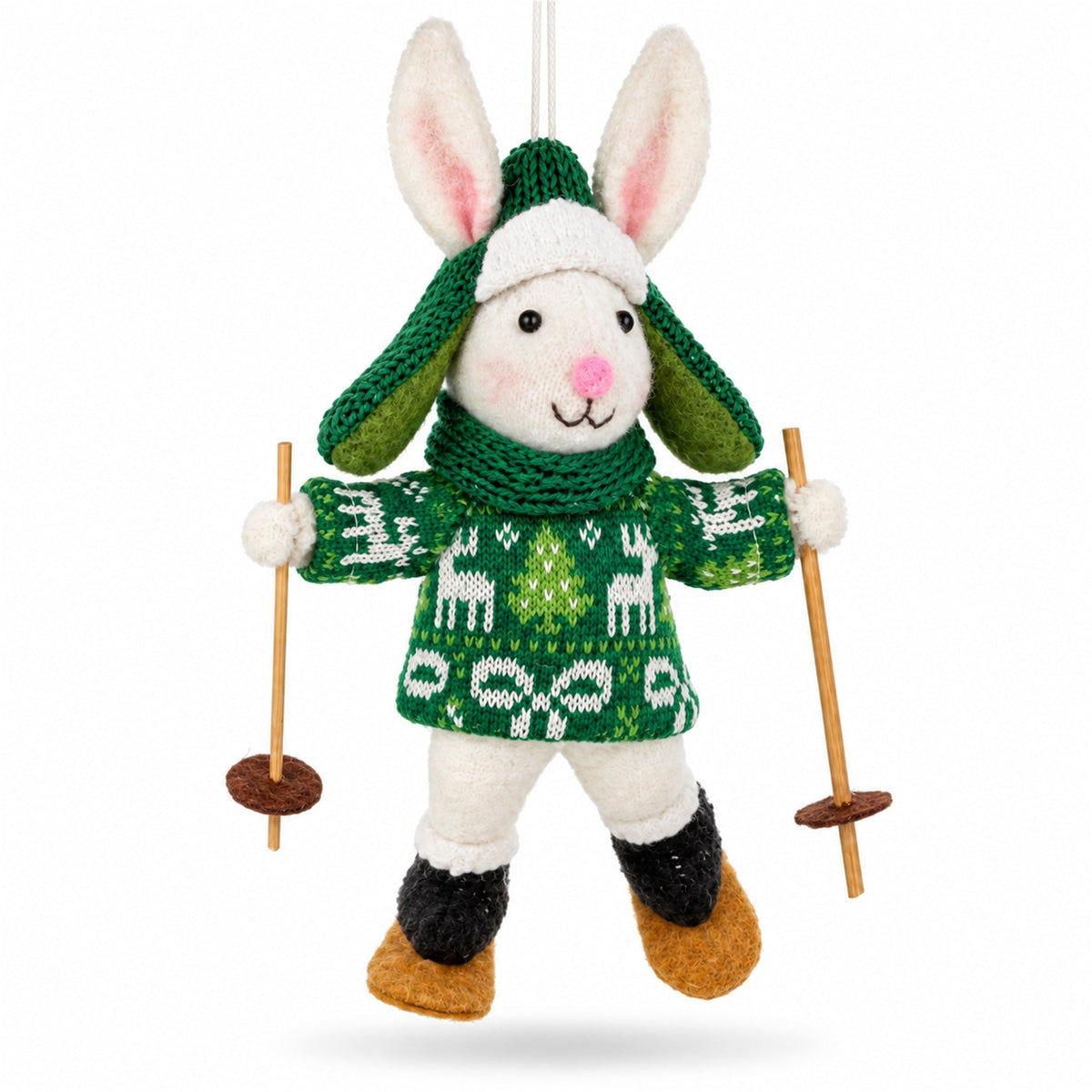 Skiing White Bunny Felt Fabric Christmas Ornament