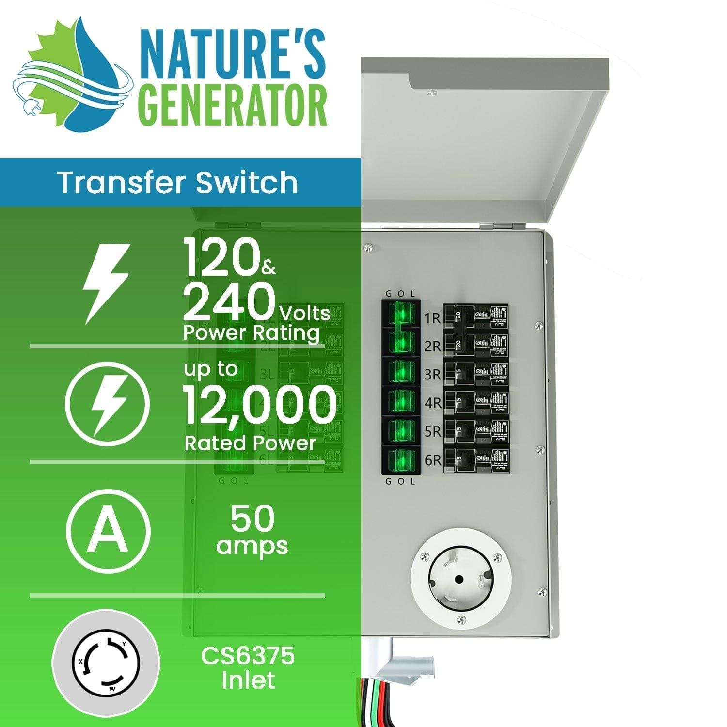 Interruptor de transferencia no automático de 12 circuitos 120/240 V 50 A