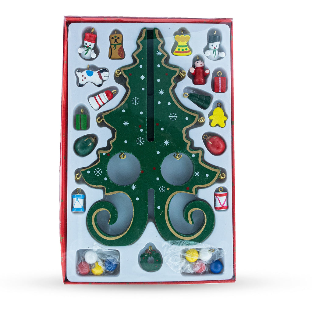 Wooden Tabletop Christmas Tree with Cute Miniature German Style Wooden Ornaments 7.5 Inches