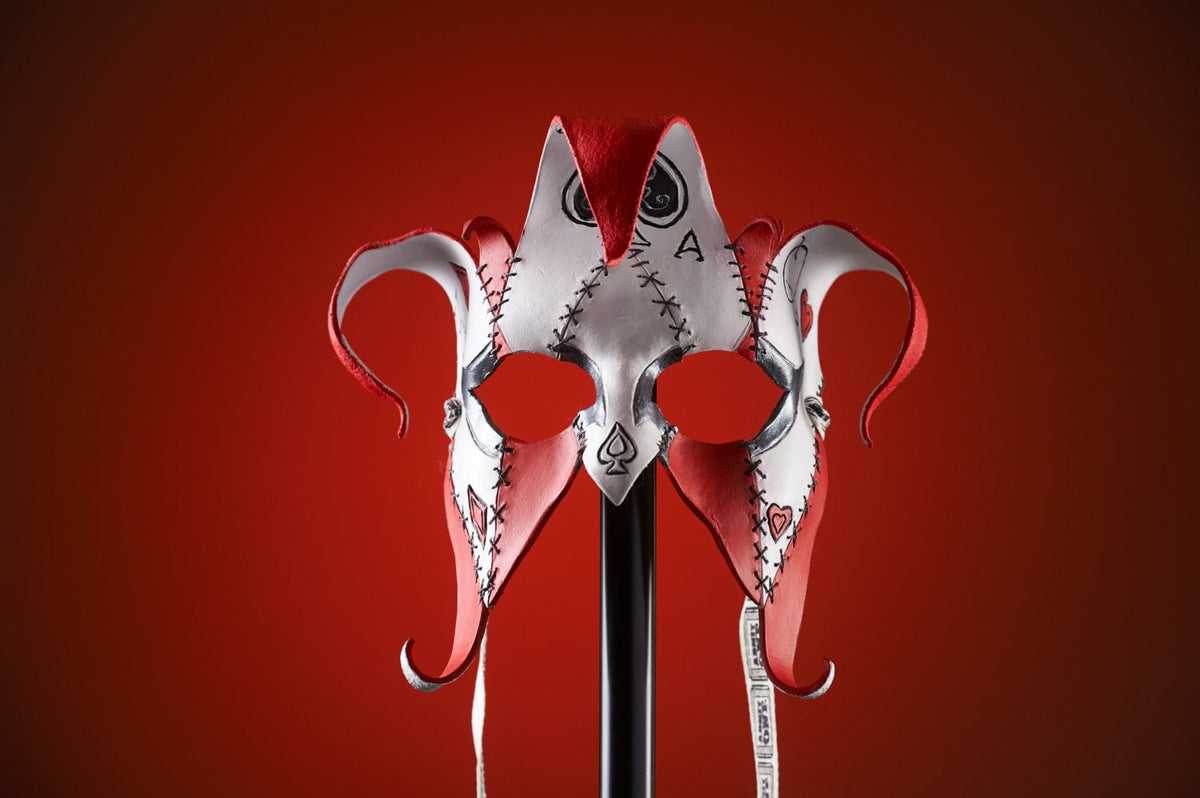 The Joker's Card-Joker Jester Handmade Genuine Leather Mask in Red