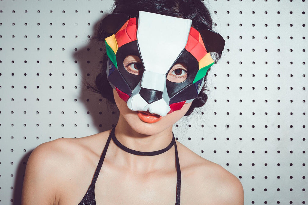 Geometric Rainbow Panda Bear Leather Mask