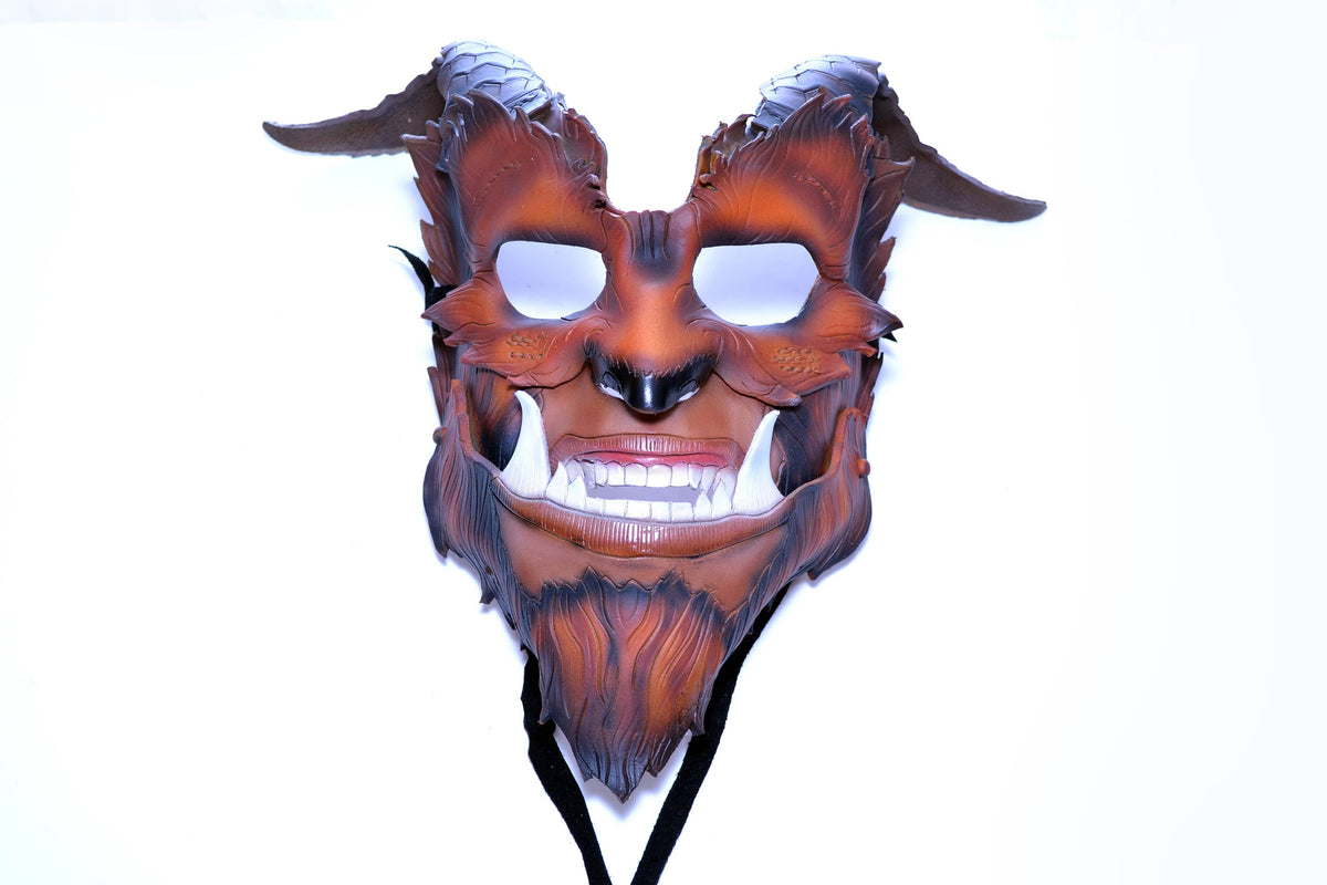 The Beast - Handmade Genuine Leather Mask with Horns in Natural Colors