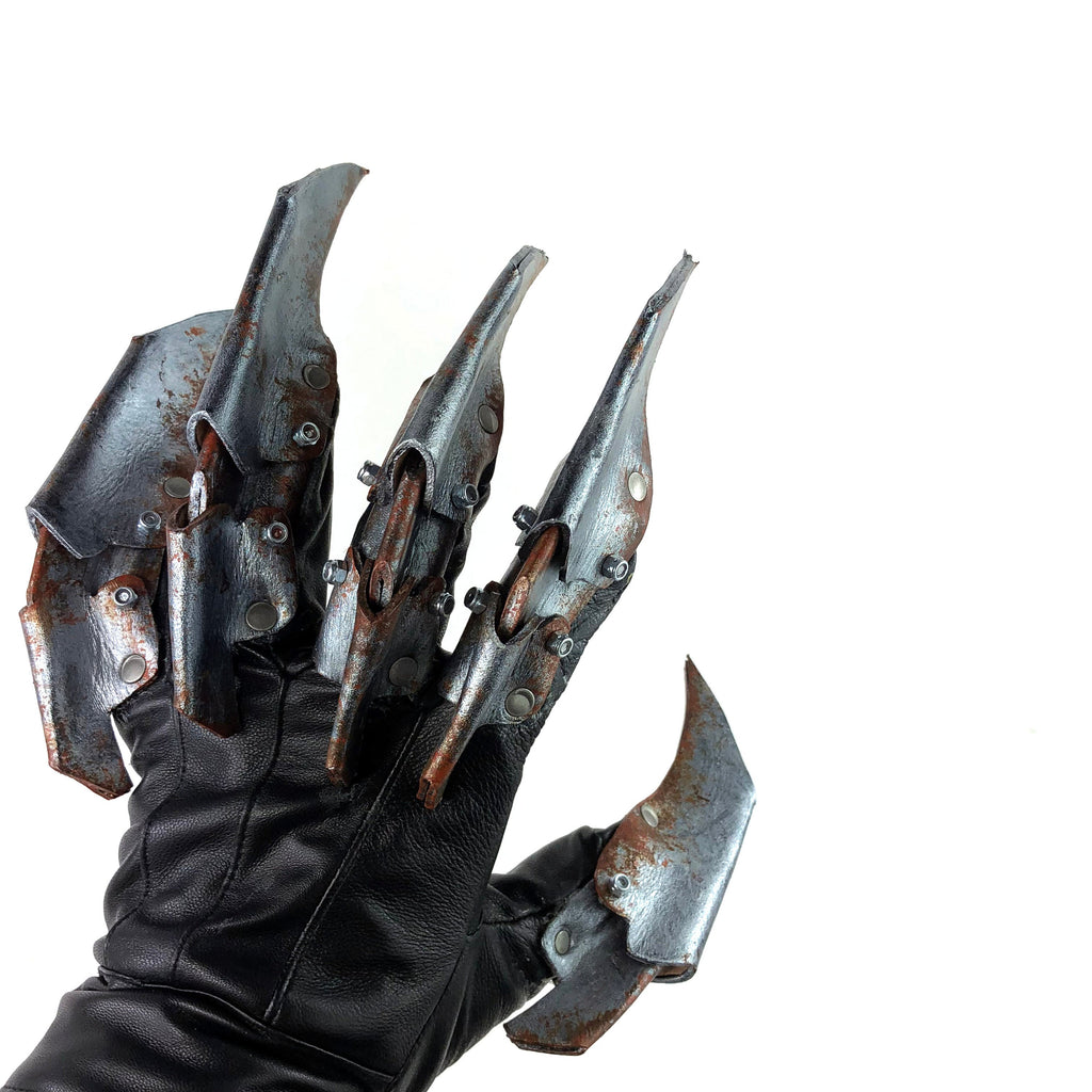 One Set of Two Handcrafted Genuine Leather Gloves with Claws in Rusted Metal Paint