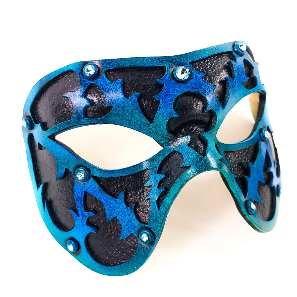 Dual Layer Handmade Genuine Leather Mask in Blue and Black with Swarovski Crystals