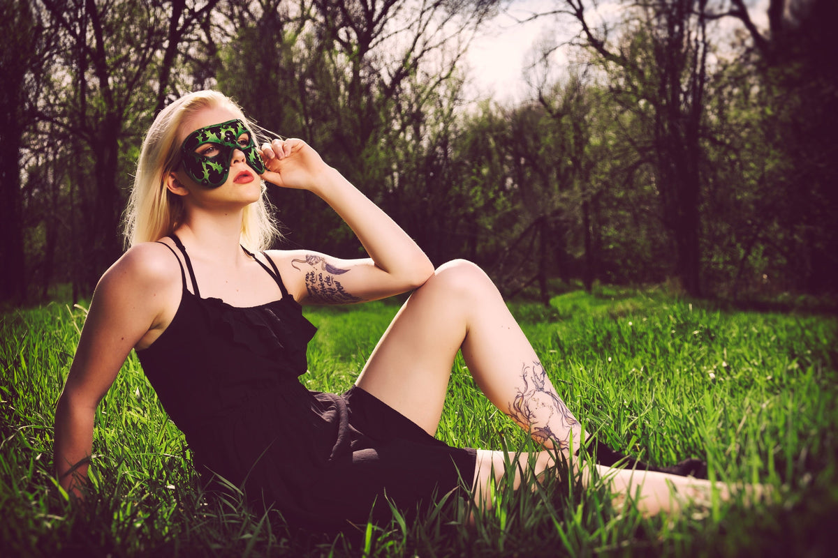 Dual Layer Handmade Genuine Leather Mask in Green and Black with Swarovski Crystals