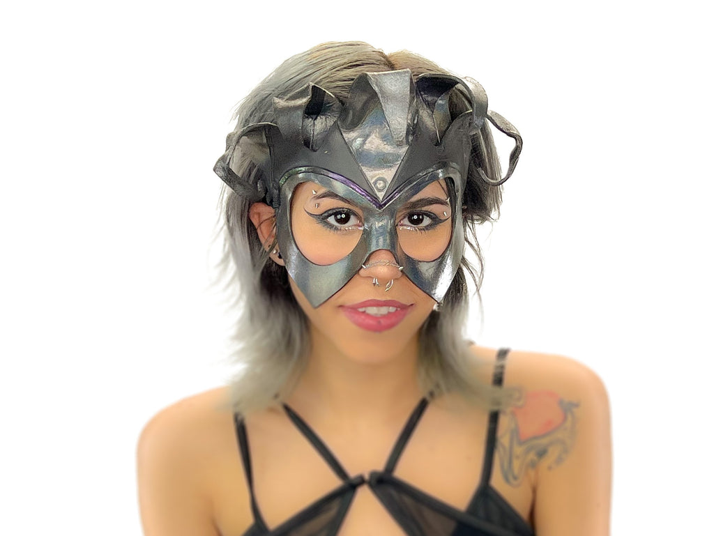 Handmade Genuine Leather Five Point Jester Mask in cosmic silver and Black No Bells