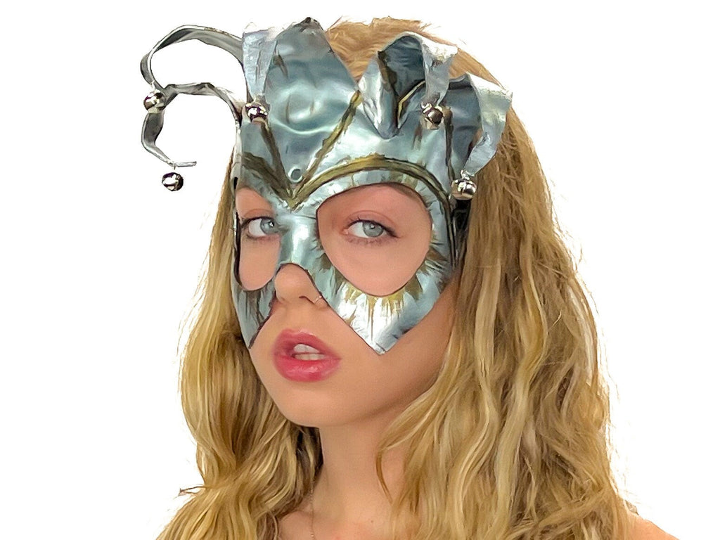 Handmade Genuine Leather Five Point Jester Mask in Patina Silver