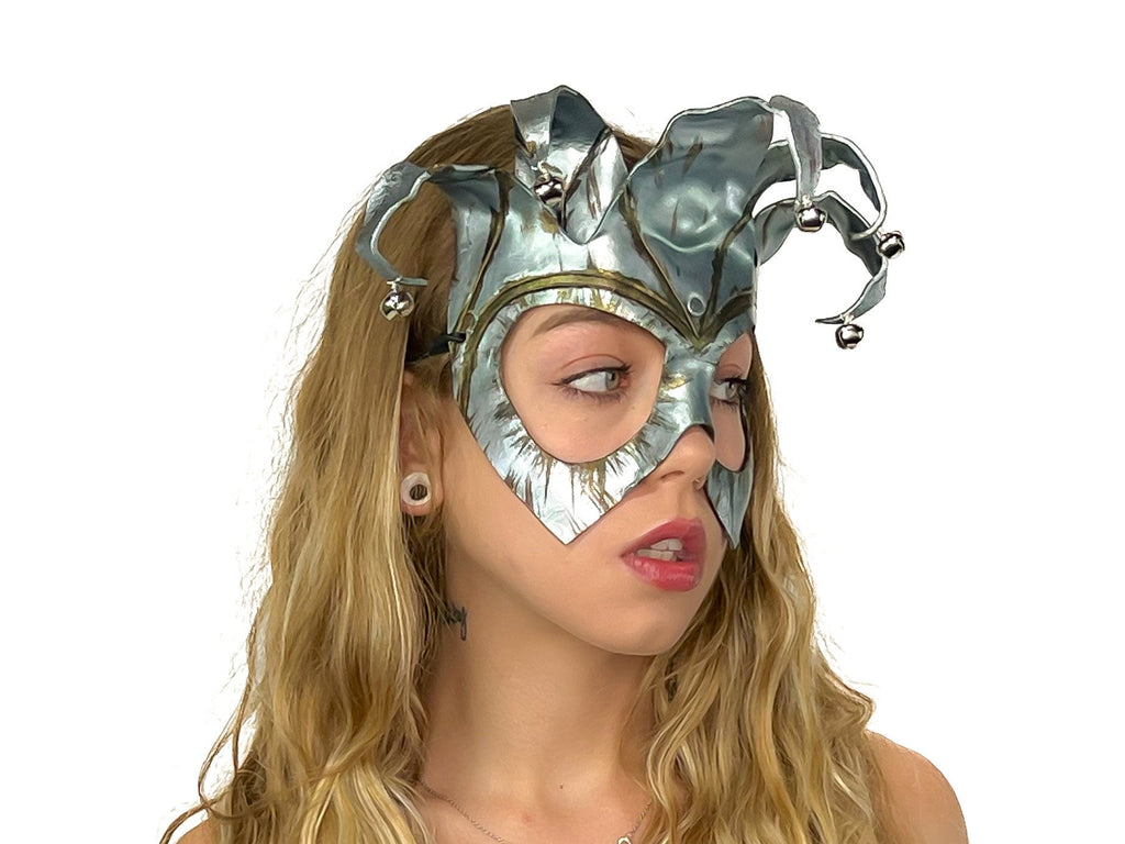 Handmade Genuine Leather Five Point Jester Mask in Patina Silver