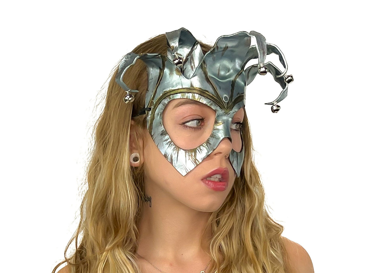 Handmade Genuine Leather Five Point Jester Mask in Patina Silver