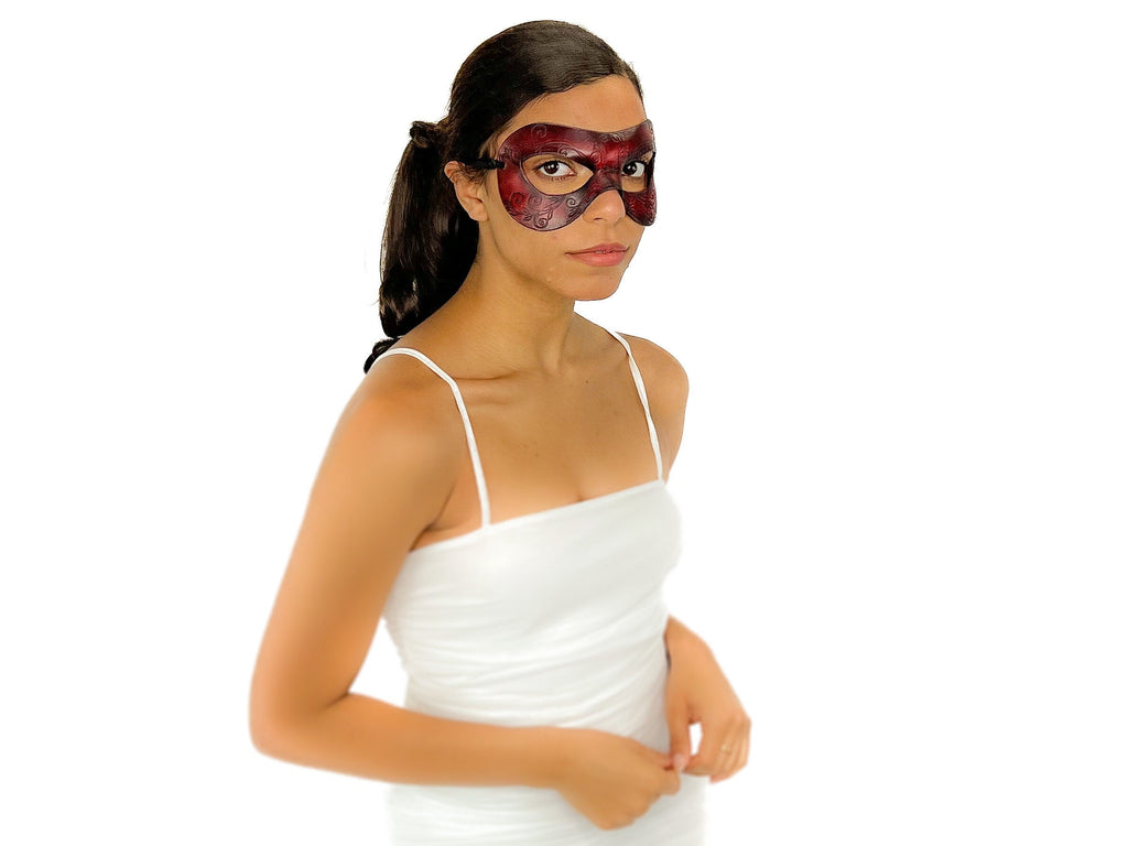 Ornate Masquerade Handmade Genuine Leather Eye Mask in Red and Black