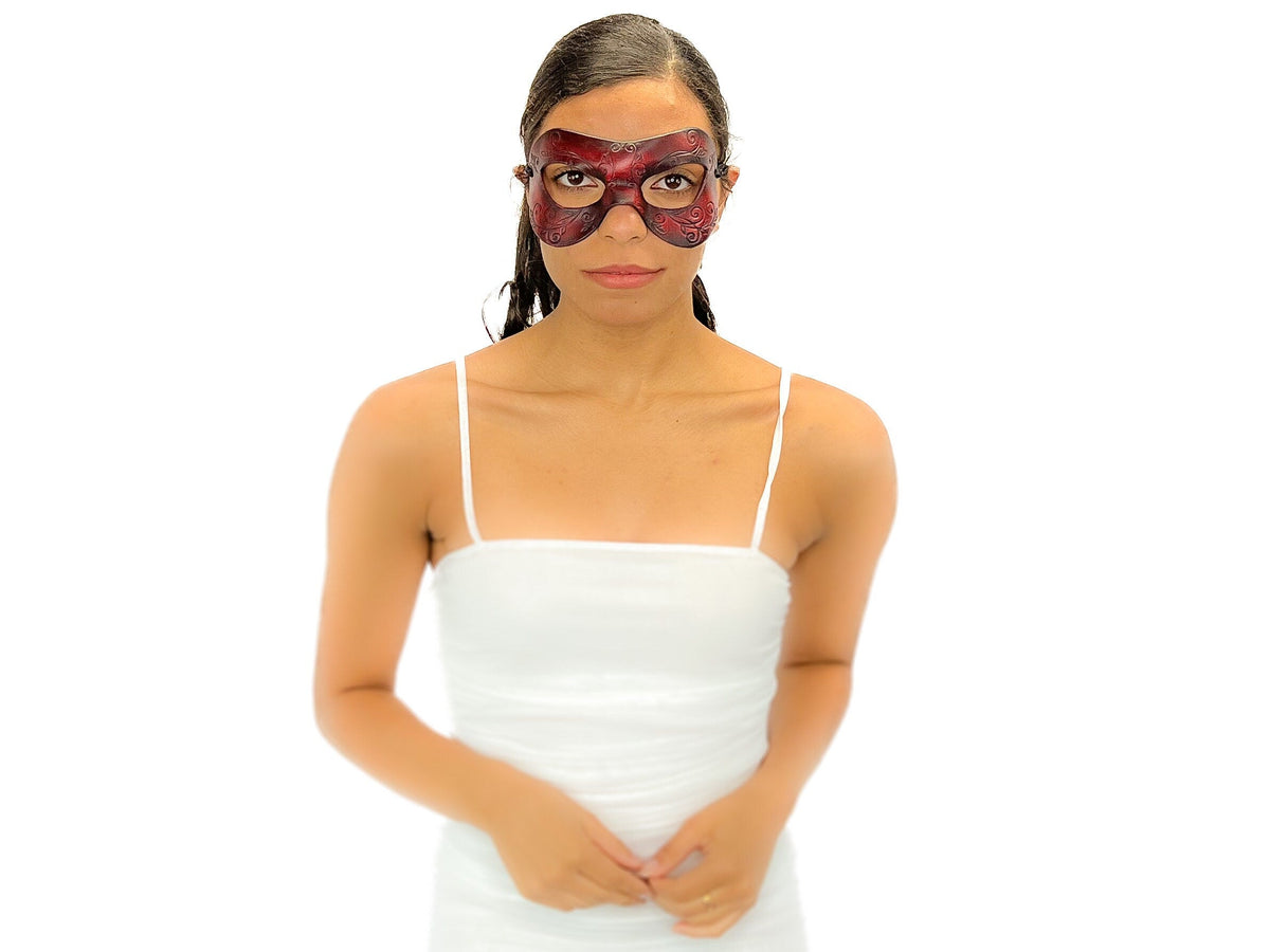 Ornate Masquerade Handmade Genuine Leather Eye Mask in Red and Black