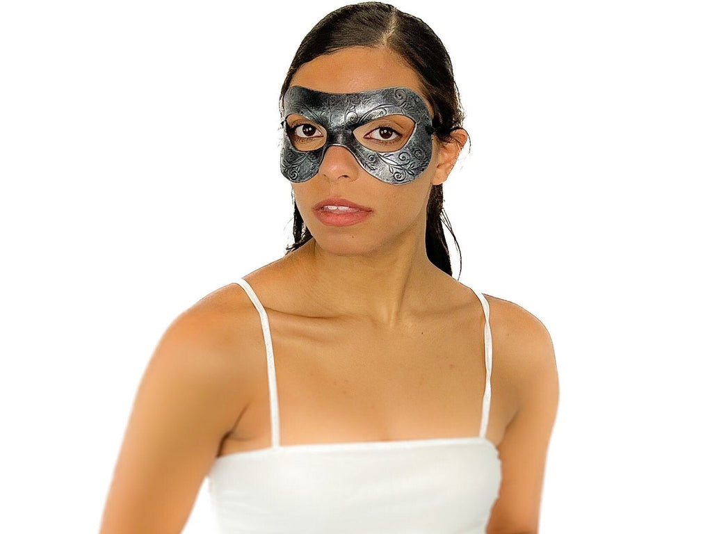 Ornate Masquerade Handmade Genuine Leather Eye Mask in Silver