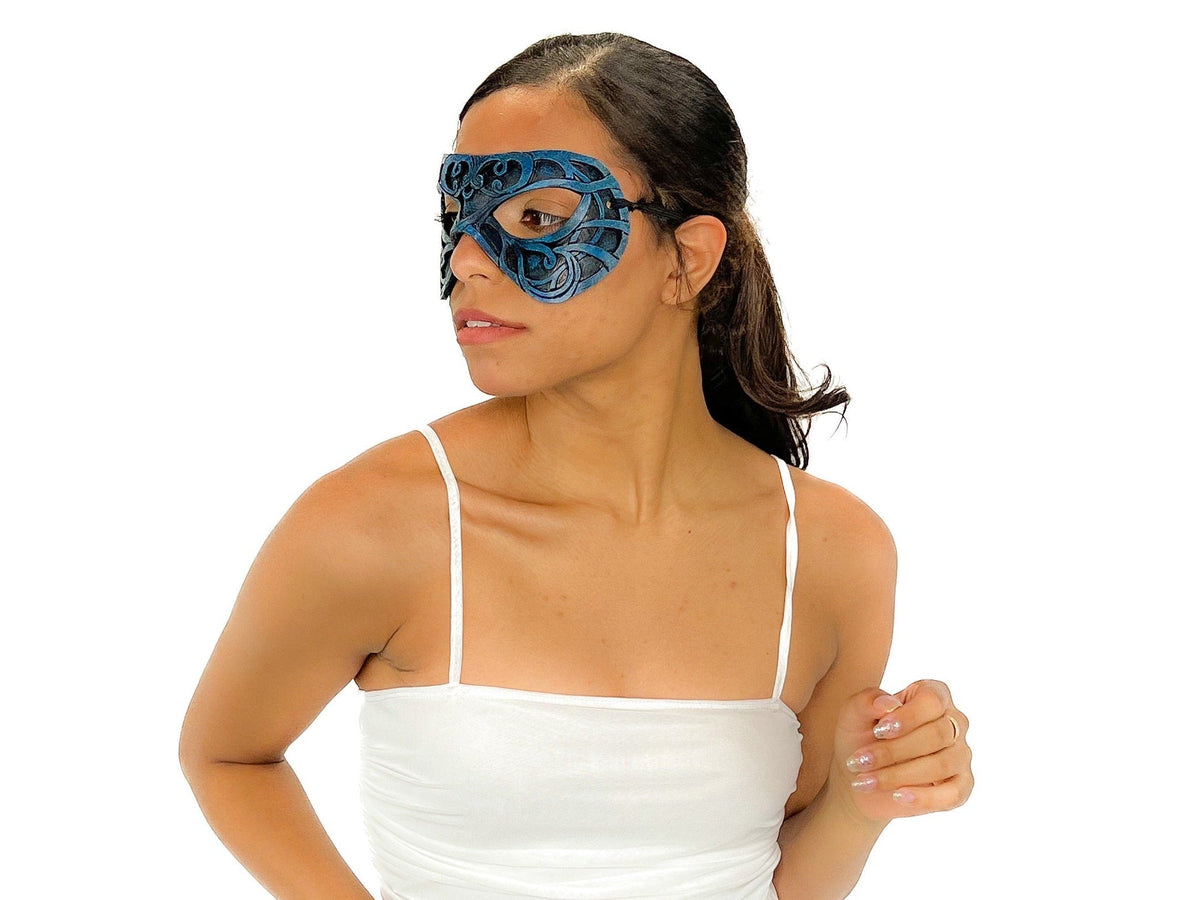 Dual Layer Ornate Masquerade Handmade Genuine Leather Eye Mask in Blue and Black