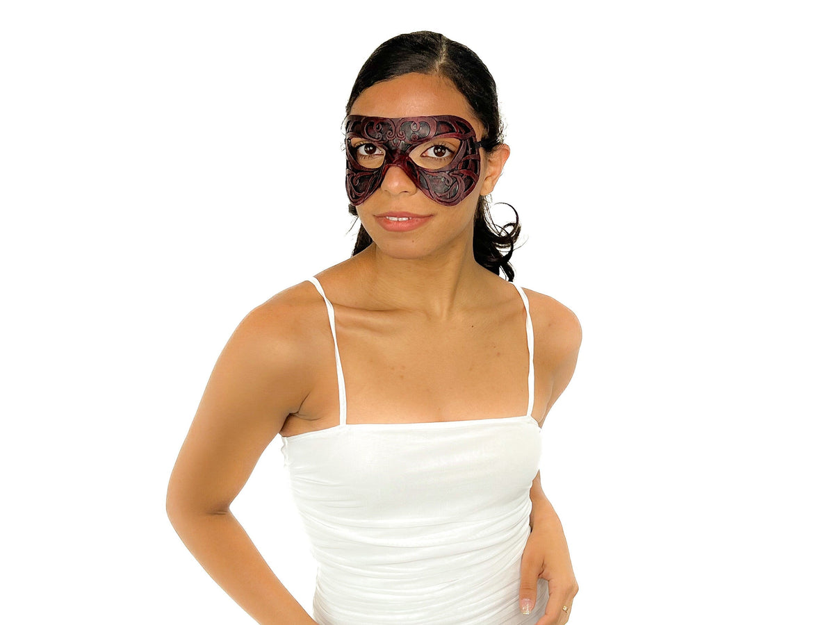 Dual Layer Ornate Masquerade Handmade Genuine Leather Eye Mask in Red