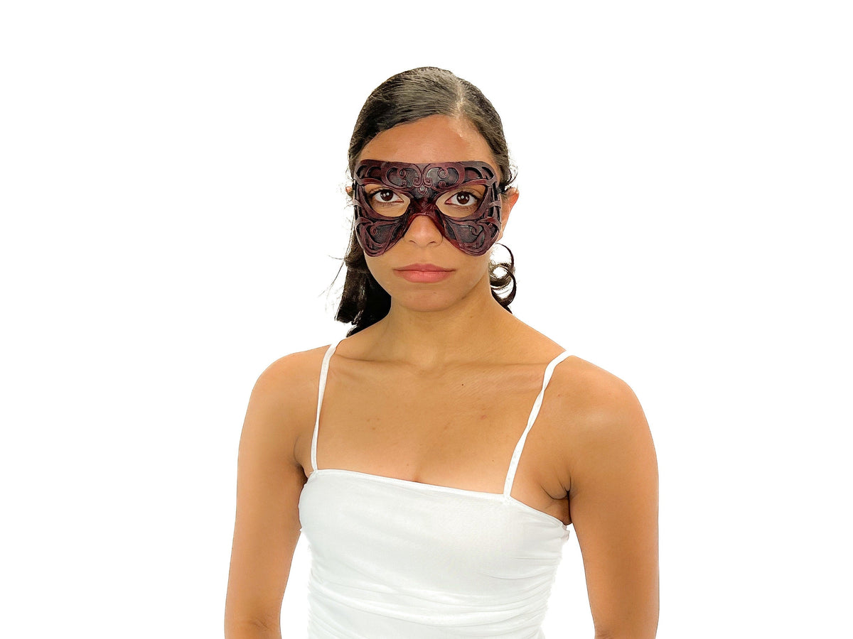Dual Layer Ornate Masquerade Handmade Genuine Leather Eye Mask in Red
