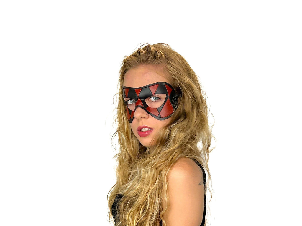 Compact Harlequin Handmade Genuine Leather Mask in Red and Black