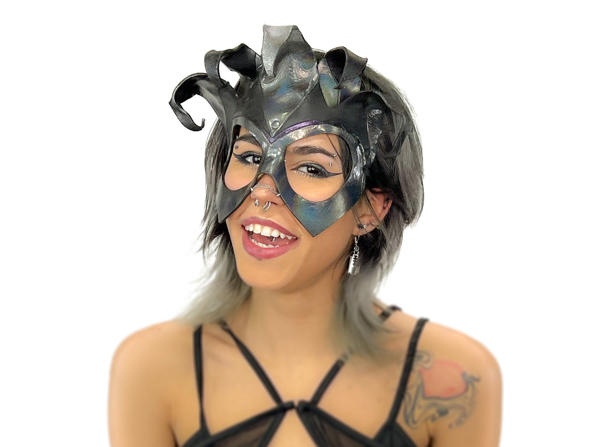Handmade Genuine Leather Five Point Jester Mask in cosmic silver and Black No Bells