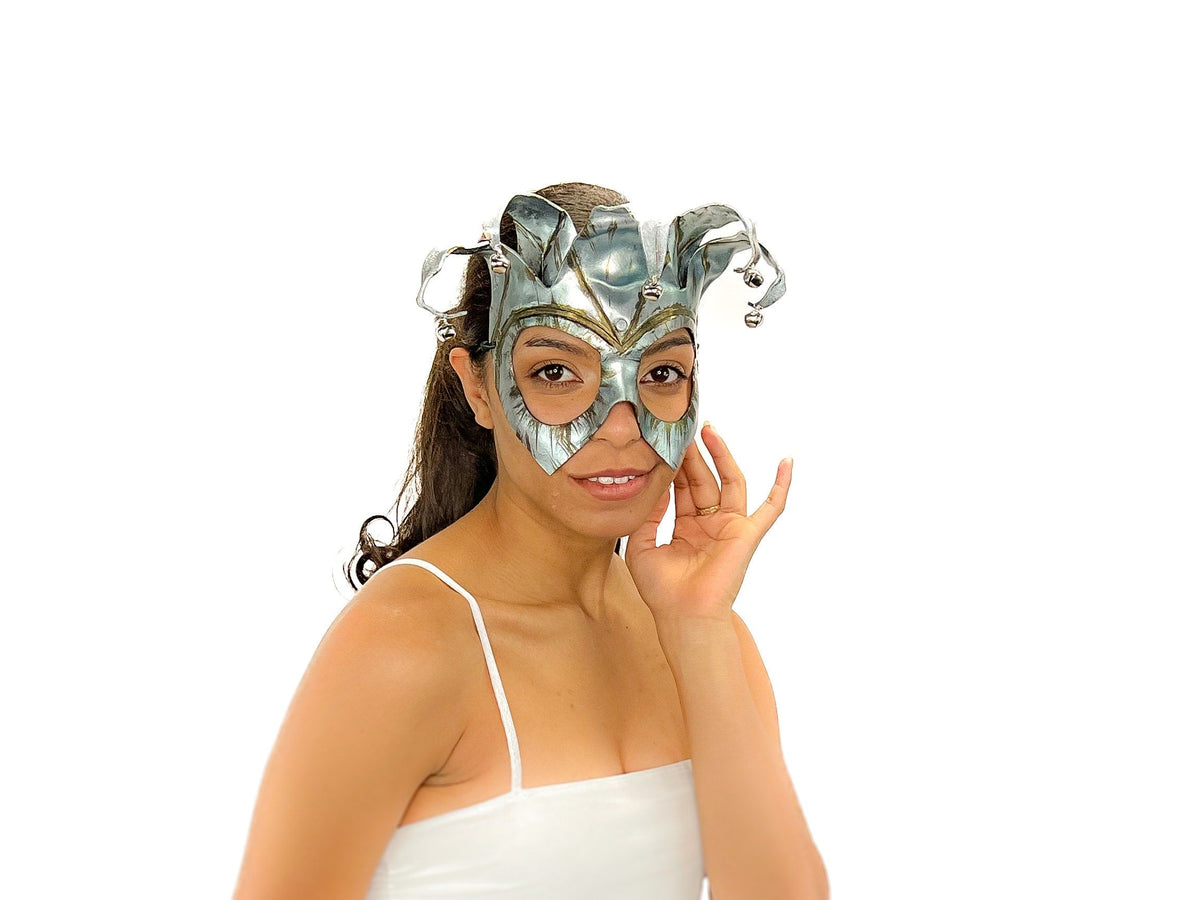 Handmade Genuine Leather Five Point Jester Mask in Patina Silver