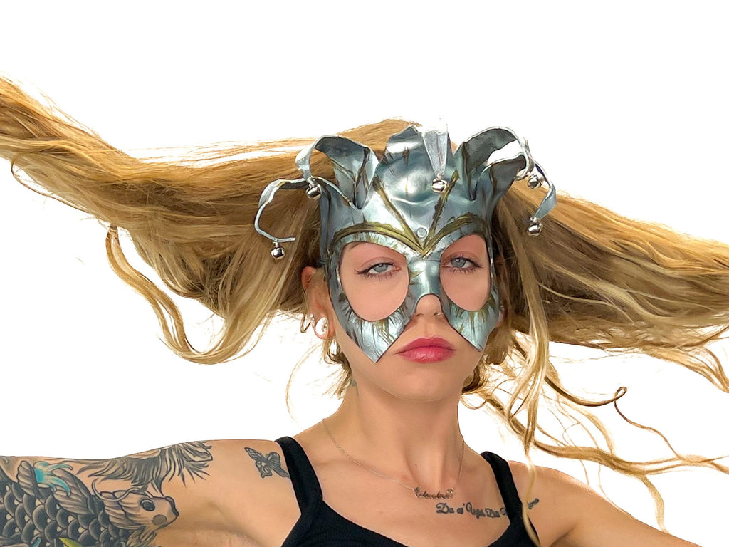 Handmade Genuine Leather Five Point Jester Mask in Patina Silver