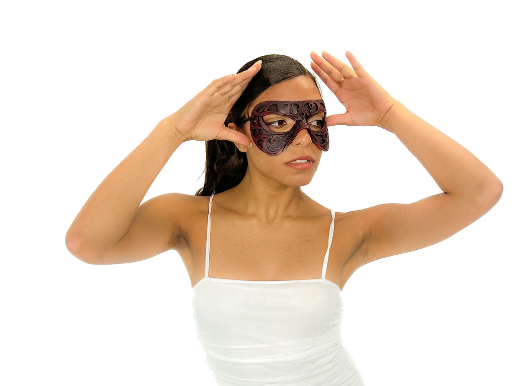 Dual Layer Ornate Masquerade Handmade Genuine Leather Eye Mask in Red