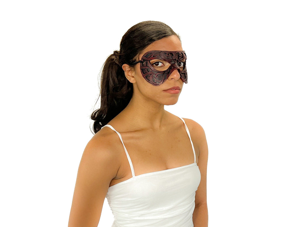 Dual Layer Ornate Masquerade Handmade Genuine Leather Eye Mask in Red