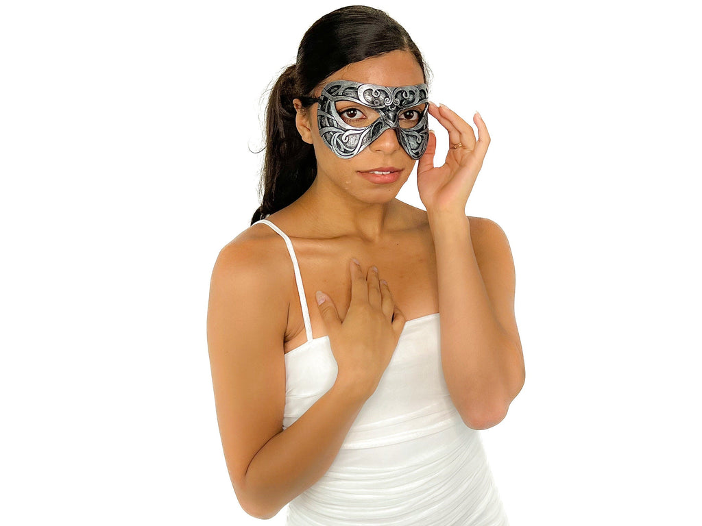 Dual Layer Ornate Masquerade Handmade Genuine Leather Eye Mask in Silver