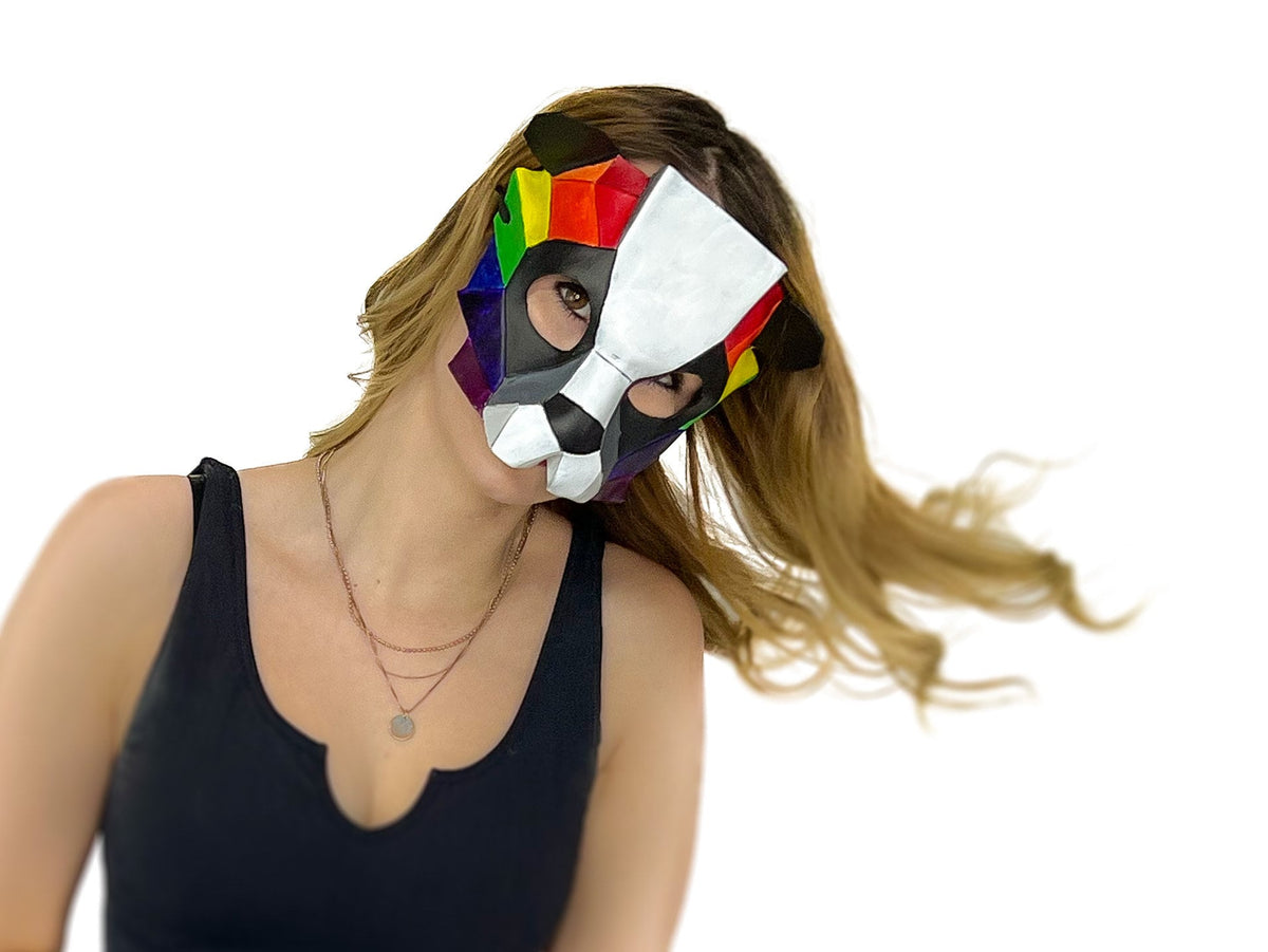 Geometric Rainbow Panda Bear Leather Mask