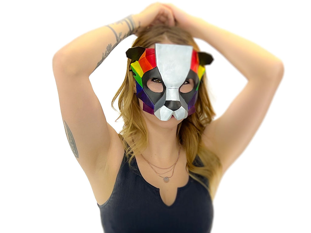 Geometric Rainbow Panda Bear Leather Mask