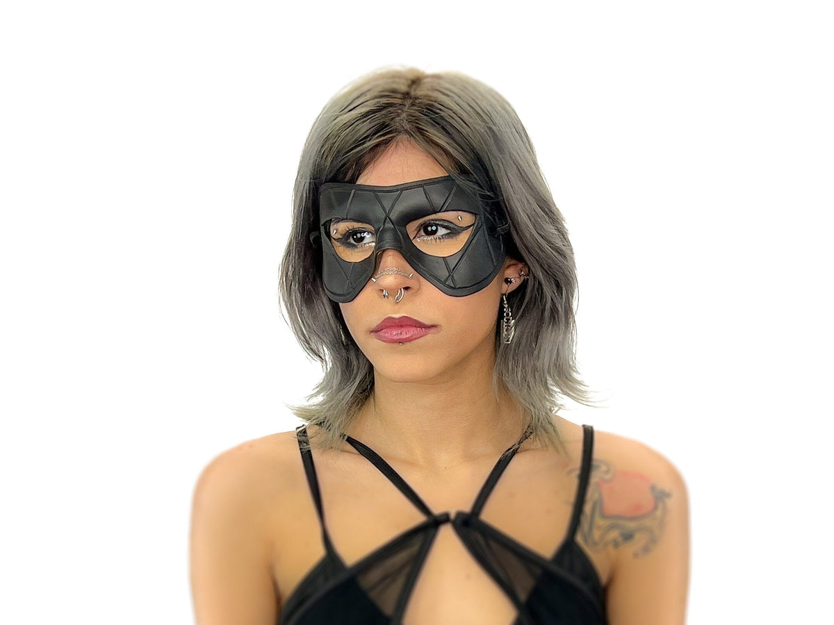 Compact Harlequin Handmade Genuine Leather Mask in Solid Black