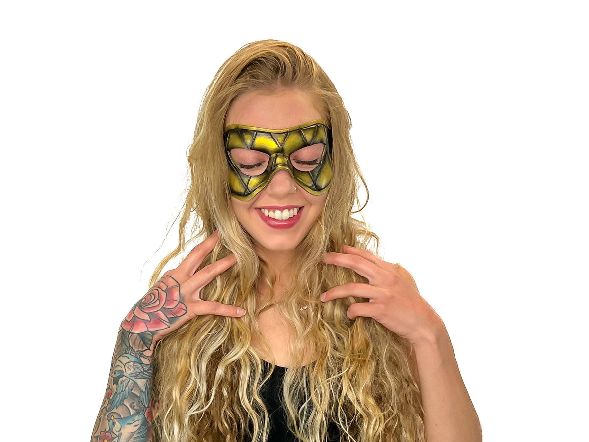 Compact Harlequin Handmade Genuine Leather Mask in Gold