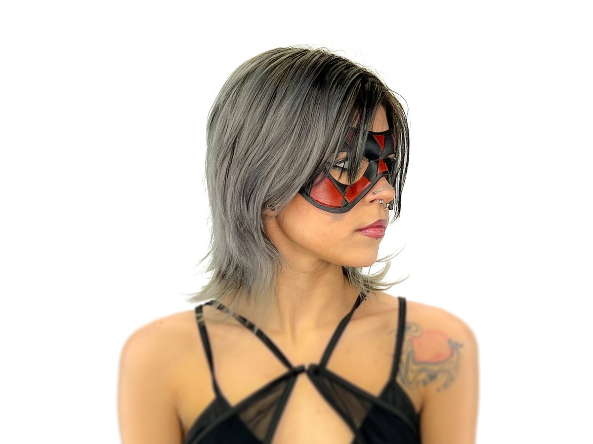 Compact Harlequin Handmade Genuine Leather Mask in Red and Black