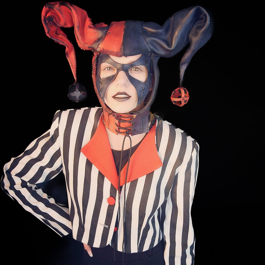 Jester Helmet Genuine Leather Mask in Red and Black