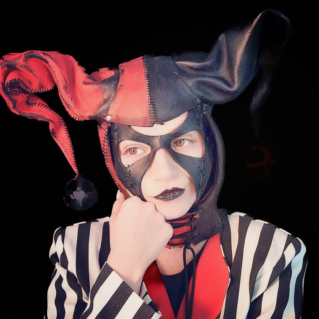 Jester Helmet Genuine Leather Mask in Red and Black