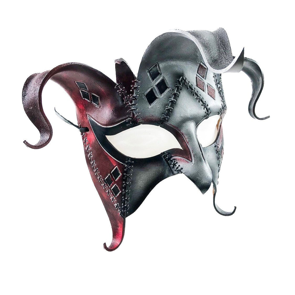 The Joker's Card-Joker Jester Handmade Genuine Leather Mask in Red