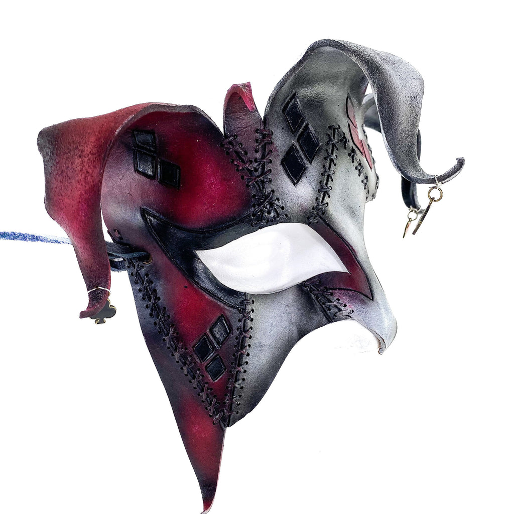 The Joker's Card - Grungy Joker Jester Handmade Genuine Leather Mask in Red with Charms