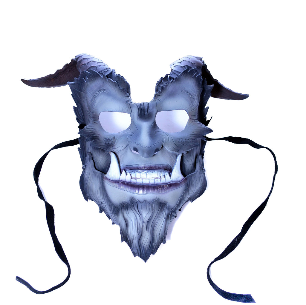 The Beast - Articulating Jaw Handmade Genuine Leather Mask with Horns in Natural Colors