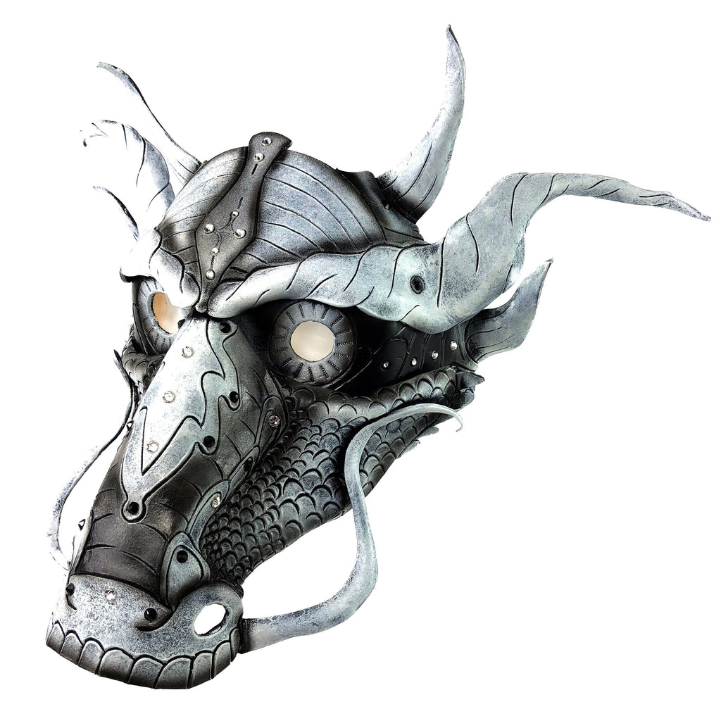 Grey Ancient Dragon Leather Mask with Swarovski Crystals