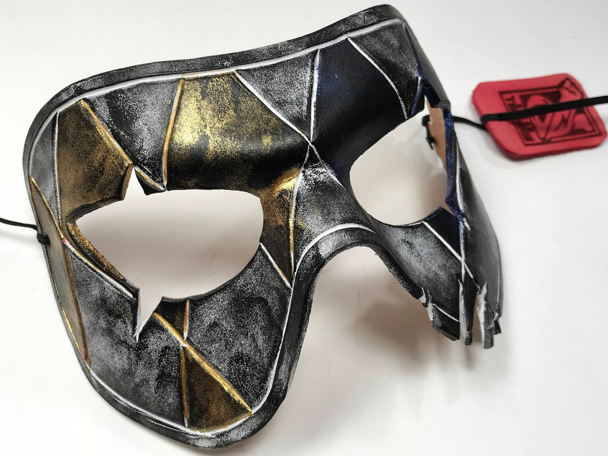 Harlequin Handmade Genuine Leather Mask in Blue White Black and Gold