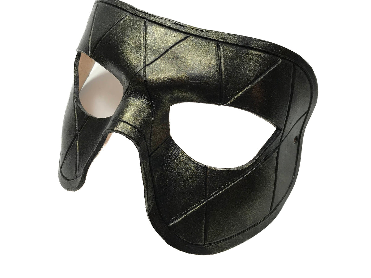 Harlequin Handmade Genuine Leather Mask in Black with Gold Hues